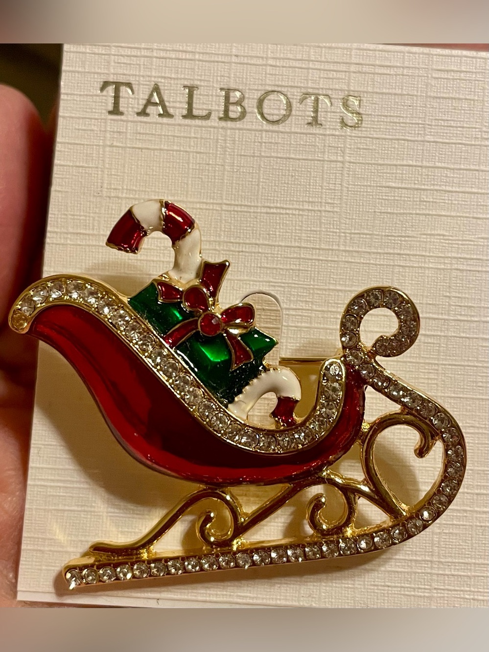 Talbots Red, Green & White Enamel Holiday Sleigh Brooch with Crystals